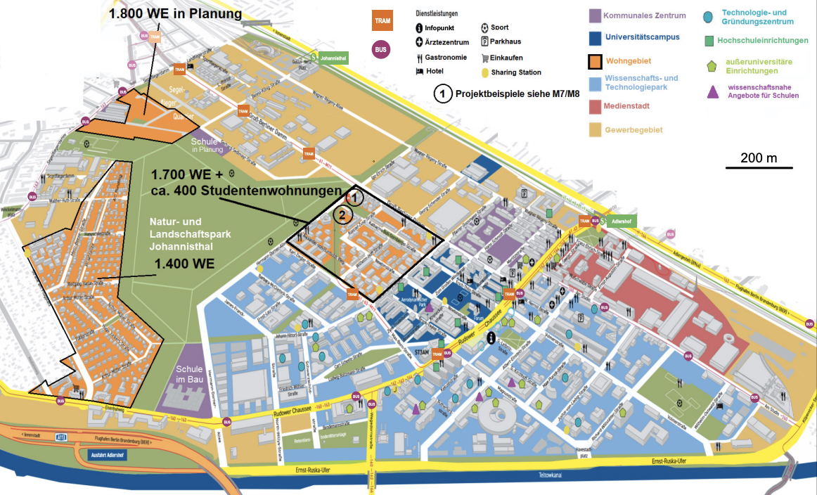 Stadtentwicklungsplan mit Wohngebieten, Hochschulcampus, Gewerbeflächen und Verkehrsanbindungen in Adlershof.